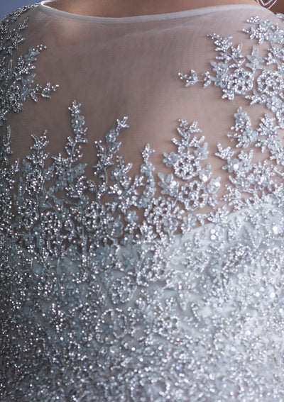 White Zardozi Work Net Ball Gown-Koskii