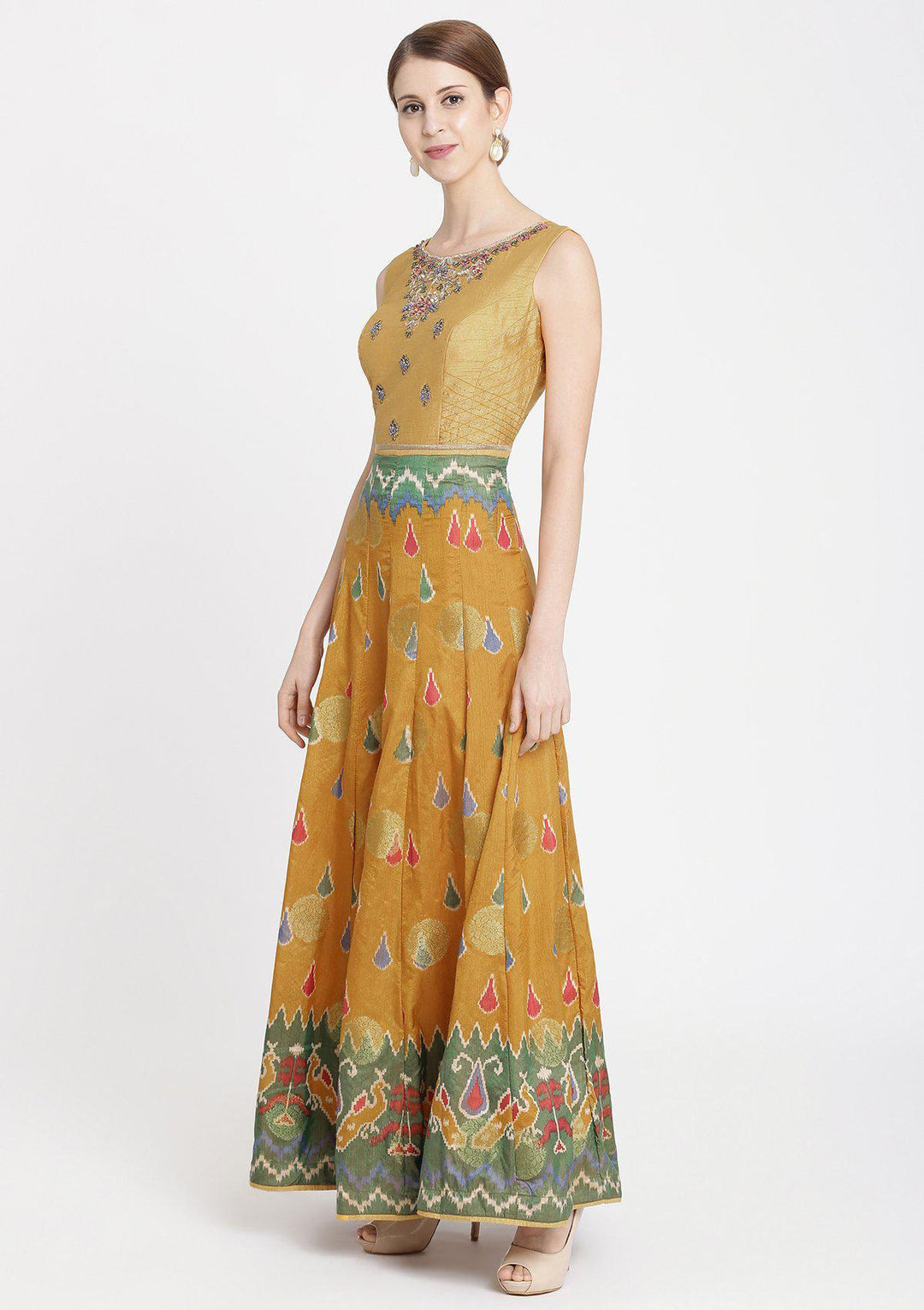 Mustard Stonework Banarasi Designer Gown-Koskii