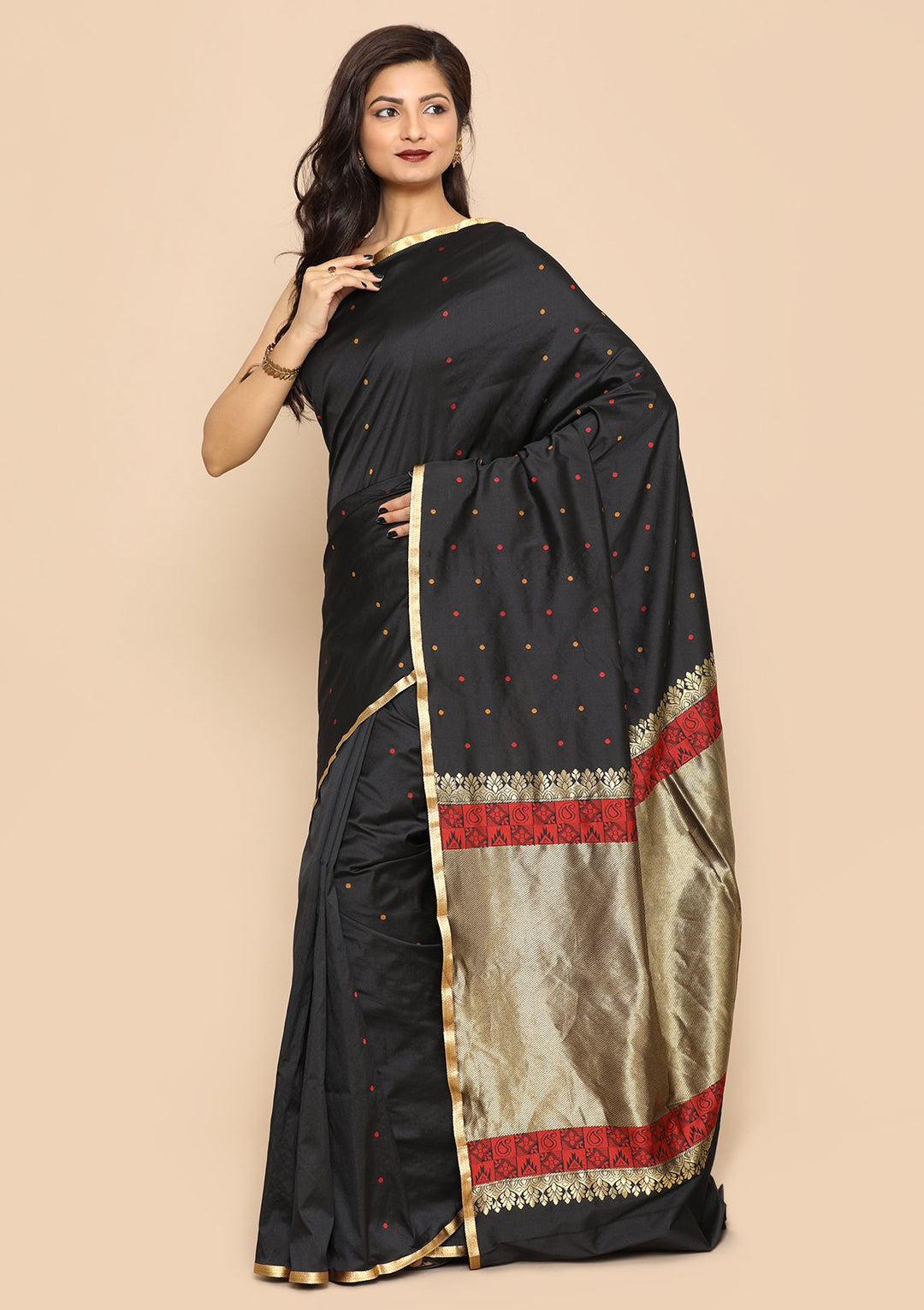 Black and Red Handwoven Saree-Koskii