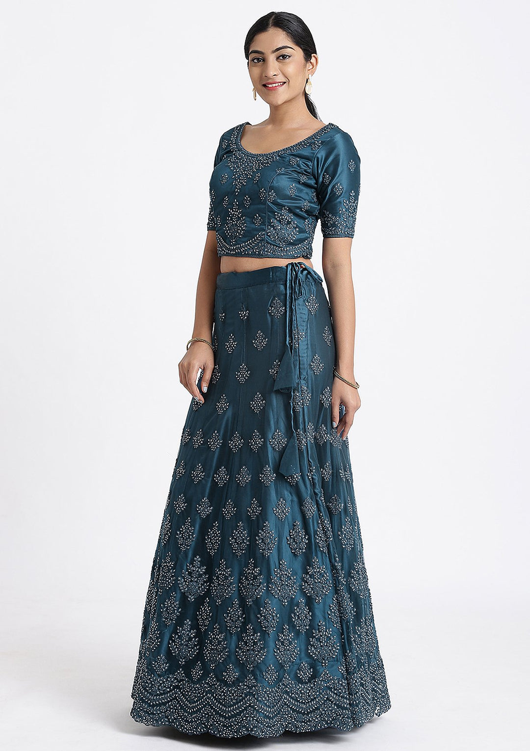 Peacock Blue Thread Work Net Designer Lehenga-Koskii