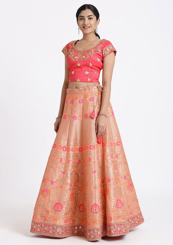 Peach Zariwork Brocade Designer Lehenga-Koskii