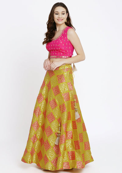 Yellow and Fuschia Mirrorwork Brocade Designer Lehenga-Koskii