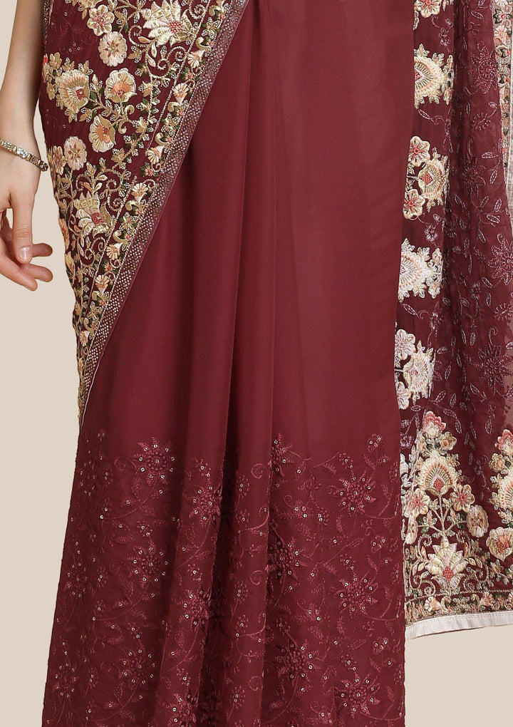 Maroon Threadwork Art Silk Designer Saree-Koskii