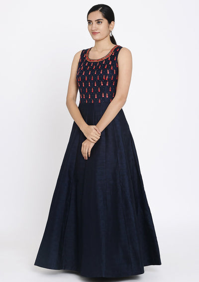 Navy Blue Swarovski Raw Silk Designer Gown - koskii
