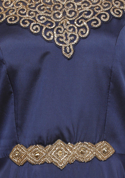 Prussian Blue Embellished Silk Designer Gown-Koskii