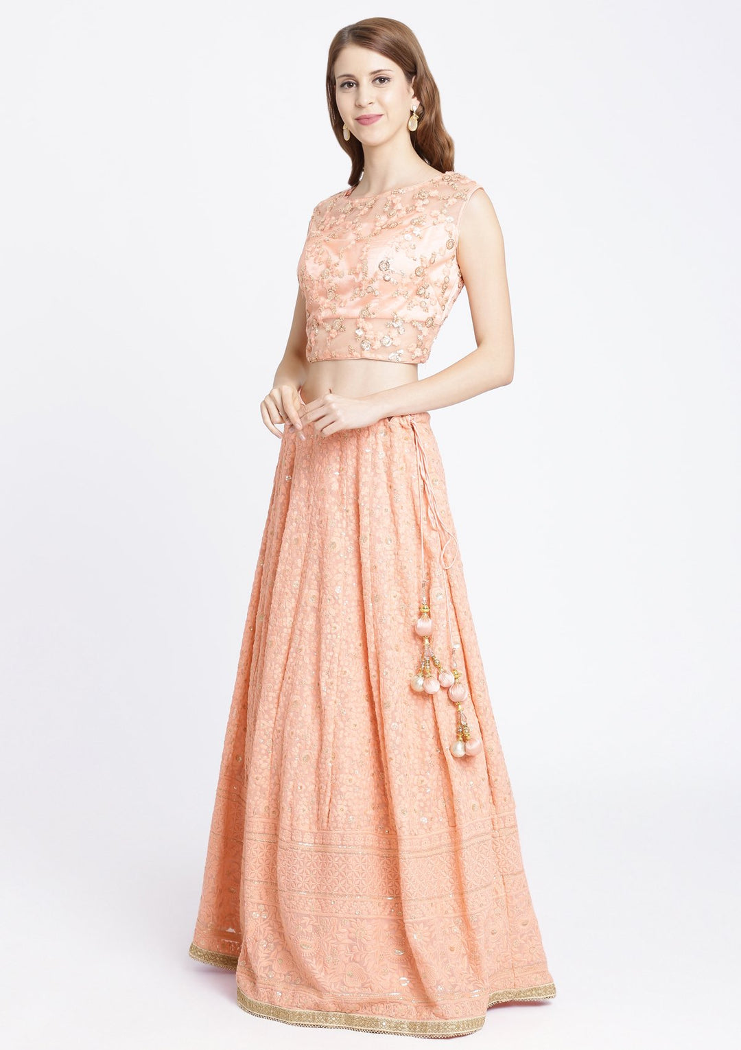 Peach Threadwork Chiffon Designer Lehenga-Koskii