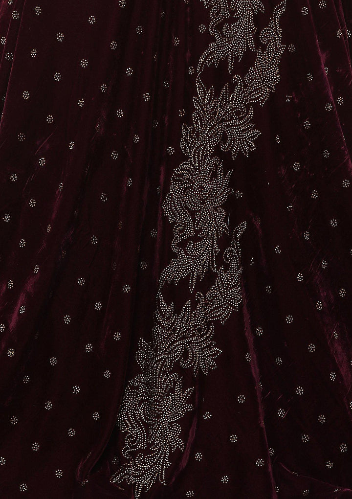 Red Wine Micro Stone Velvet Designer Lehenga-Koskii