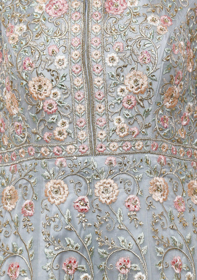 Grey Floral Net Designer Gown-Koskii