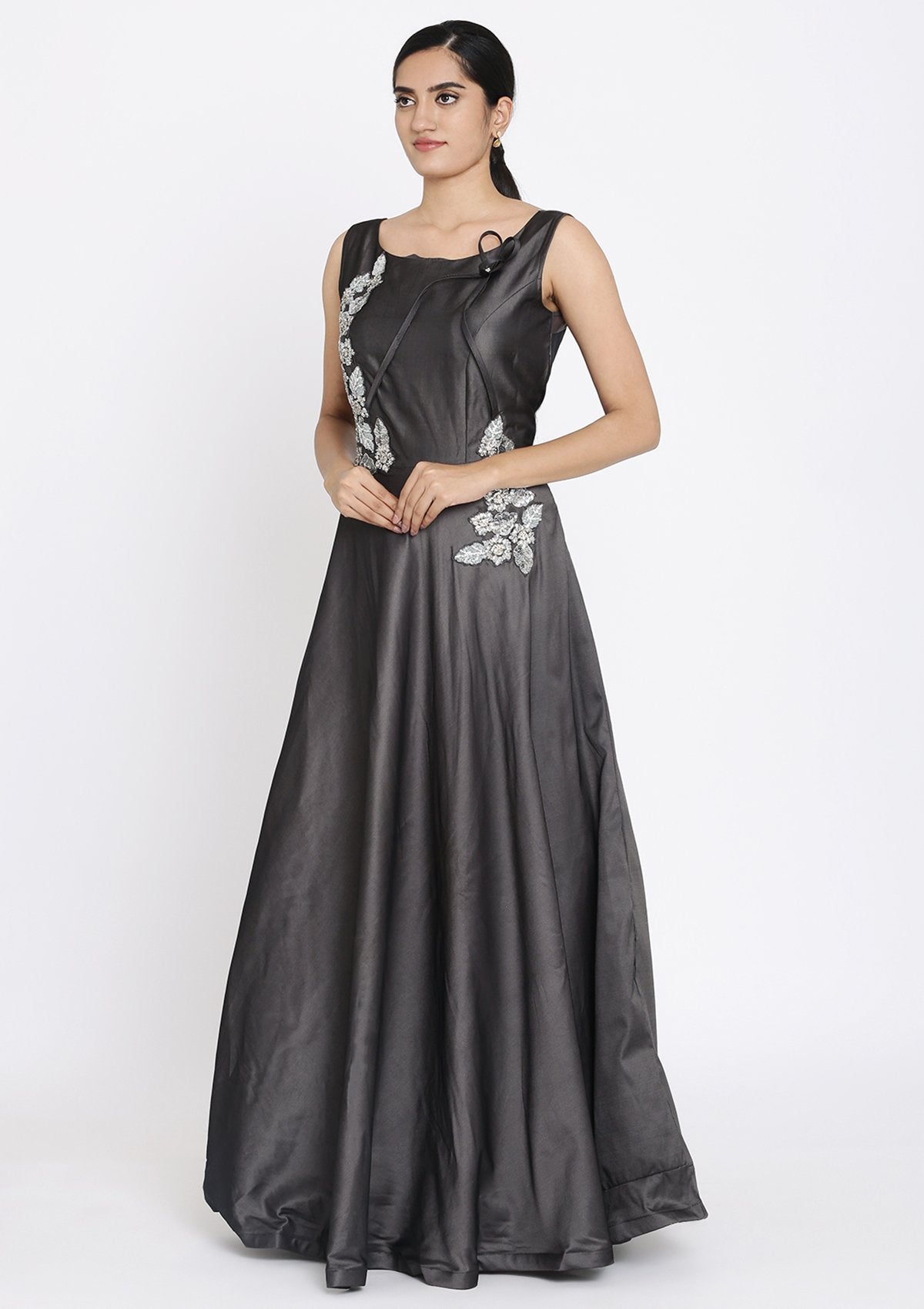 Dark Grey Sequins Taffeta Silk Designer Gown - koskii