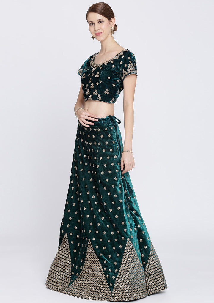 Pista Green Stonework Velvet Designer Lehenga-Koskii