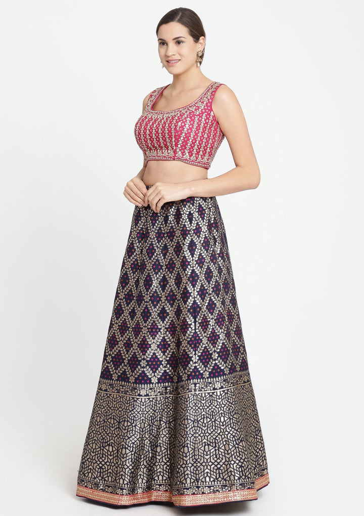 Navy Blue and Fuschia Gotapatti Brocade Designer Lehenga-Koskii