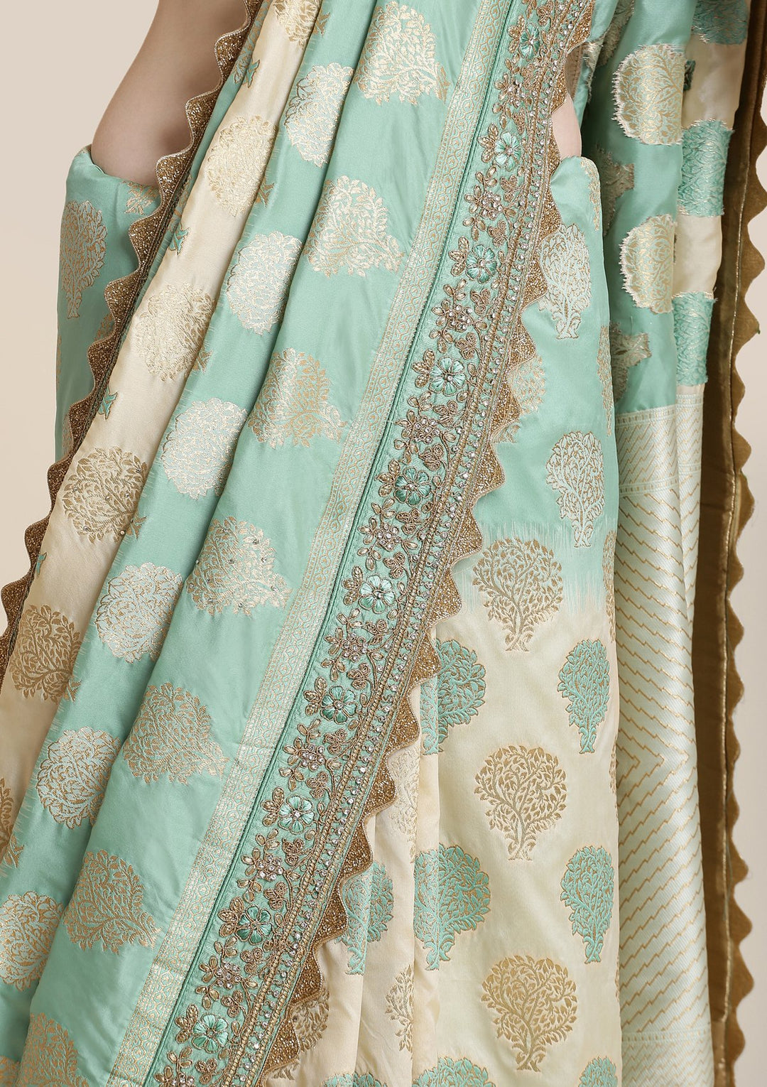 Sea Green Zariwork Brocade Designer Saree-Koskii