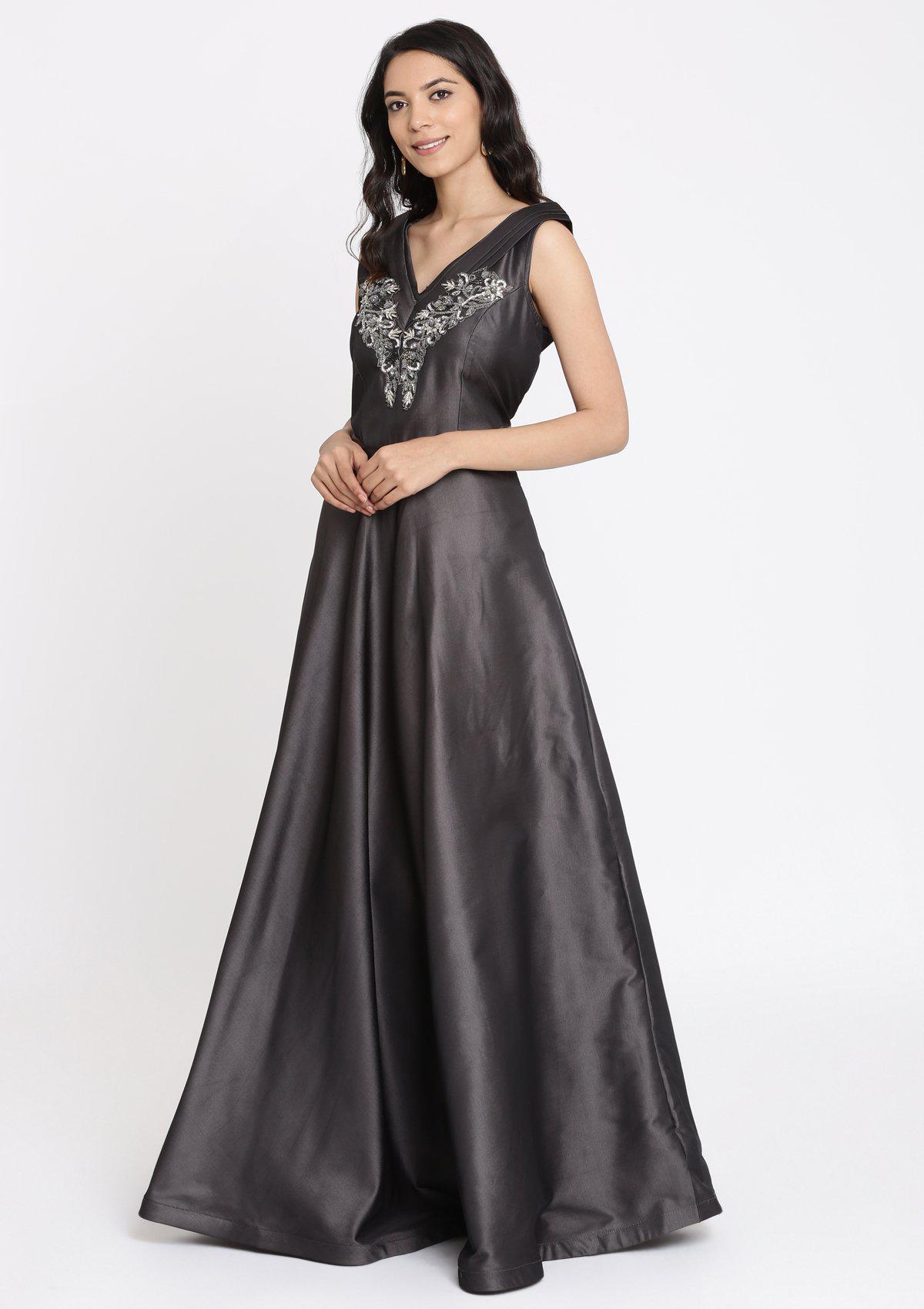Dark Grey Cutdana Taffeta Silk Designer Gown-Koskii