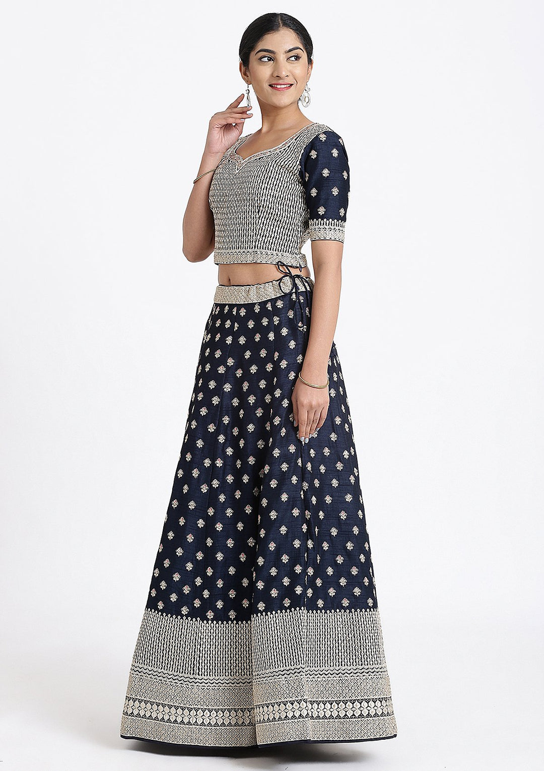 Navy Blue Zariwork Raw Silk Designer Lehenga-Koskii
