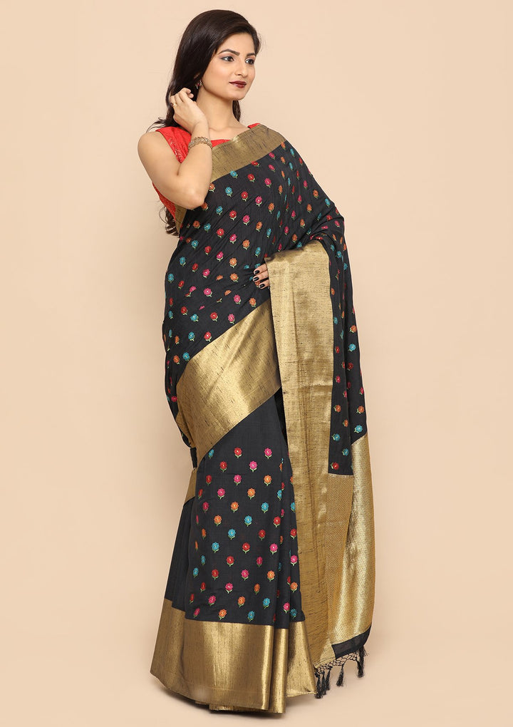 Black Multi Color Buta Handloom Saree-Koskii