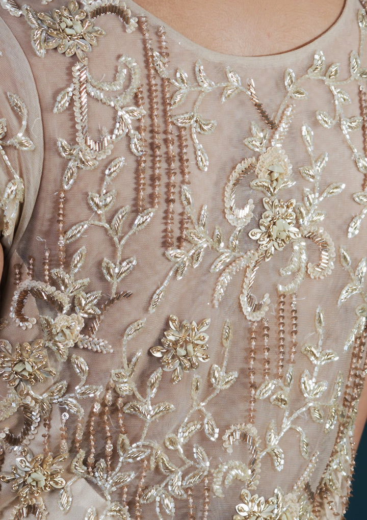 Beige Bead Work Net Designer Gown-Koskii