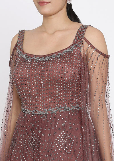 Mauve Stone Work Net Designer Gown - koskii
