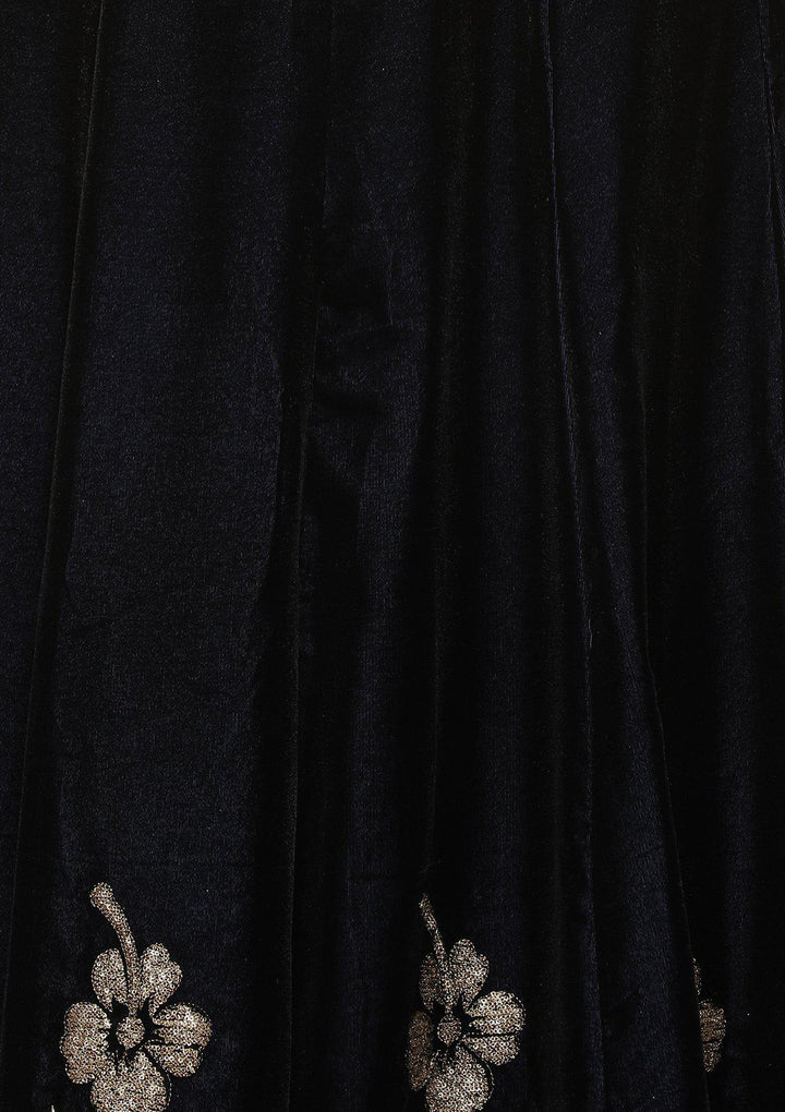 Midnight Blue Embellished Velvet Designer Lehenga-Koskii