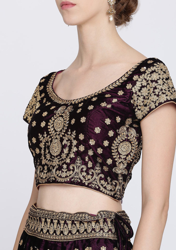 Wine Zariwork Velvet Designer Lehenga-Koskii