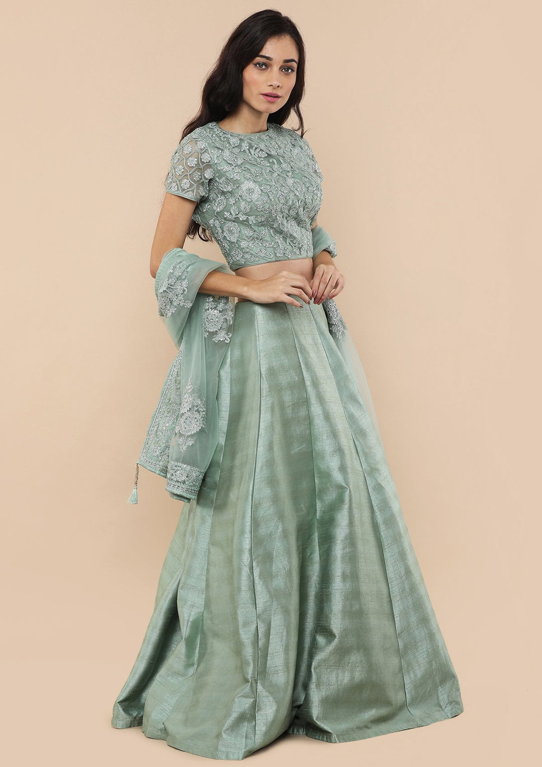 Teal Green Silver Zari Work Silk Designer Lehenga-Koskii