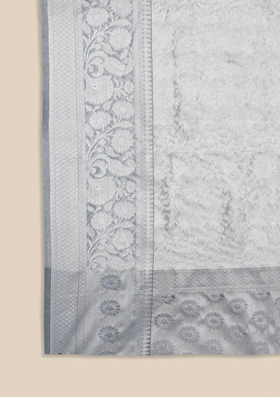 Light Grey Zariwork Tissue Designer Saree - koskii