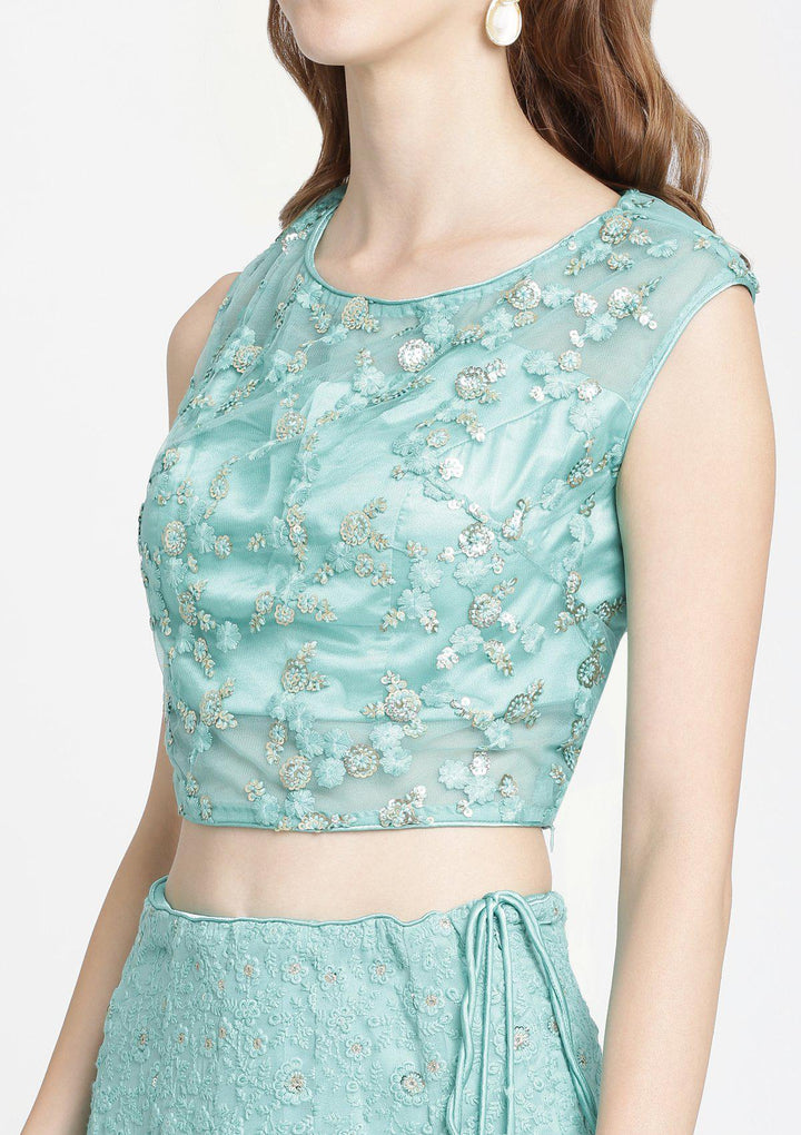 Sea Green Threadwork Chiffon Designer Lehenga-Koskii