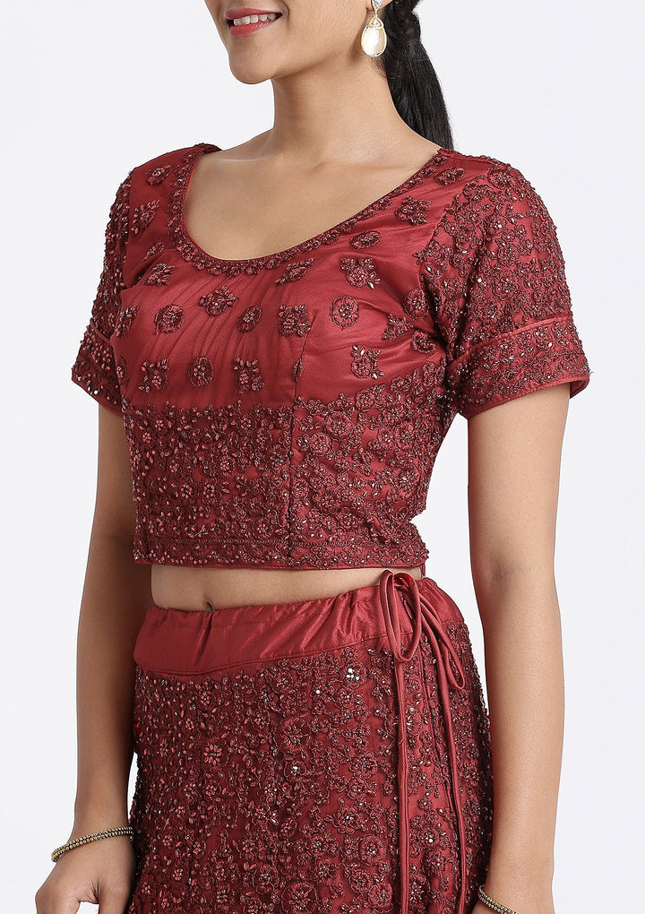 Maroon Stone Work Net designer Lehenga-Koskii