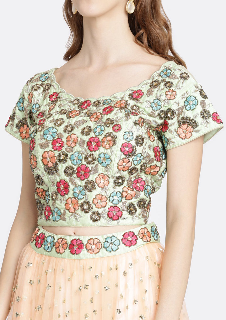 Peach Sequins Net Designer Lehenga-Koskii