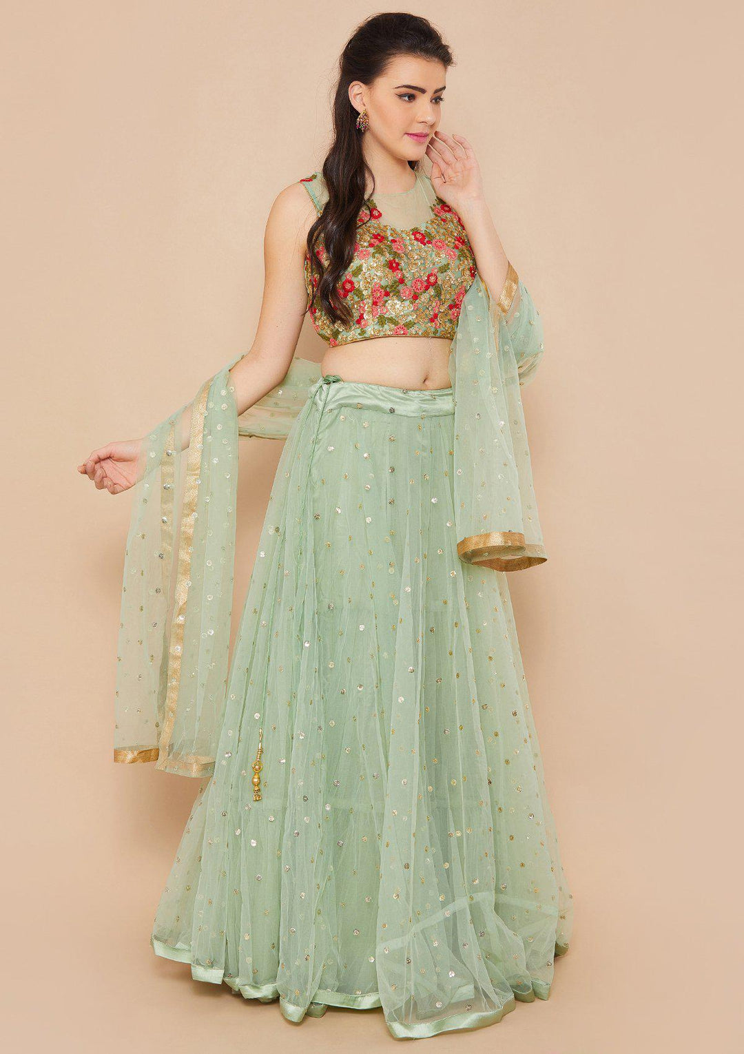 Mint Green Zariwork Net Designer Lehenga-Koskii