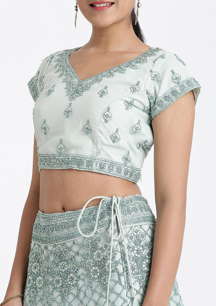 Sea Green Stone Work Net Designer Lehenga-Koskii