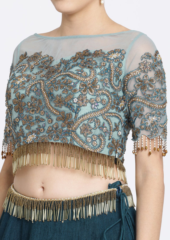 Peacock Blue Zariwork Raw Silk Designer Lehenga-Koskii