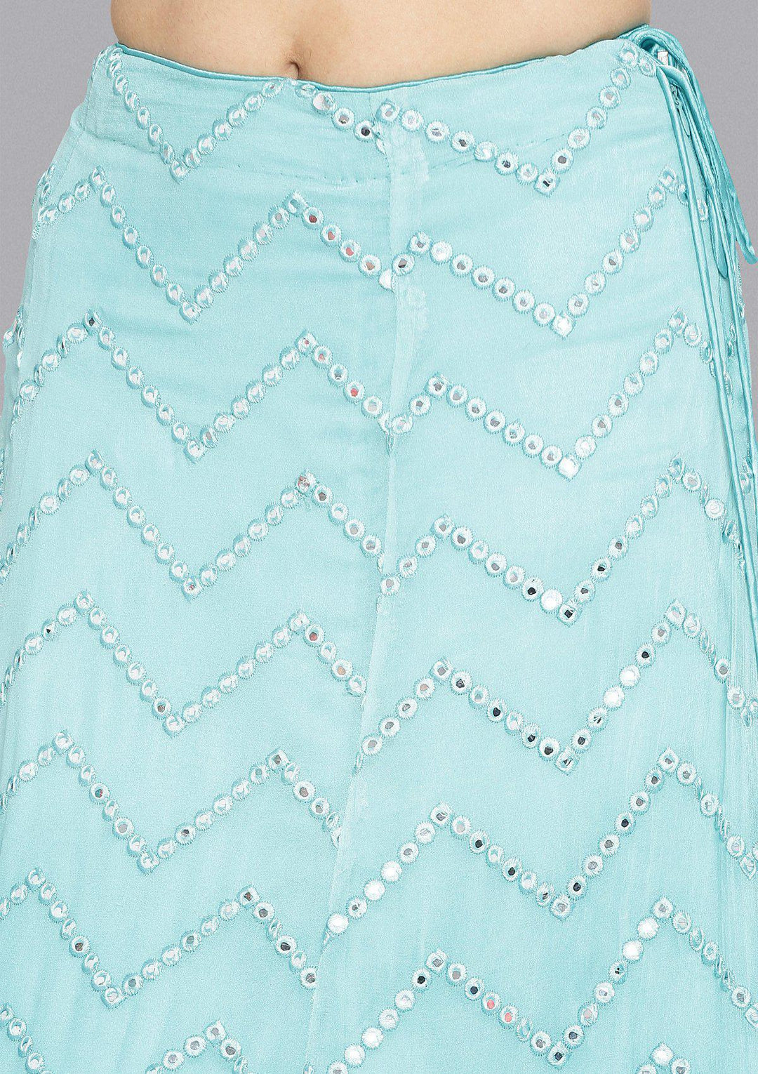 Sea Green Mirrorwork Net Designer Lehenga-Koskii