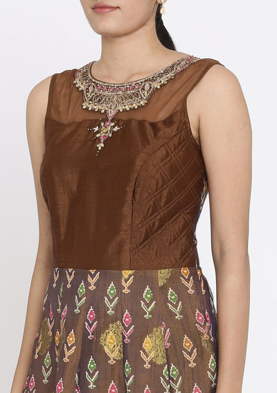 Brown Stonework Art Silk Designer Gown - koskii