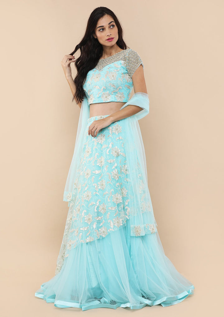 Light Blue Floral Thread Work Designer Lehenga-Koskii