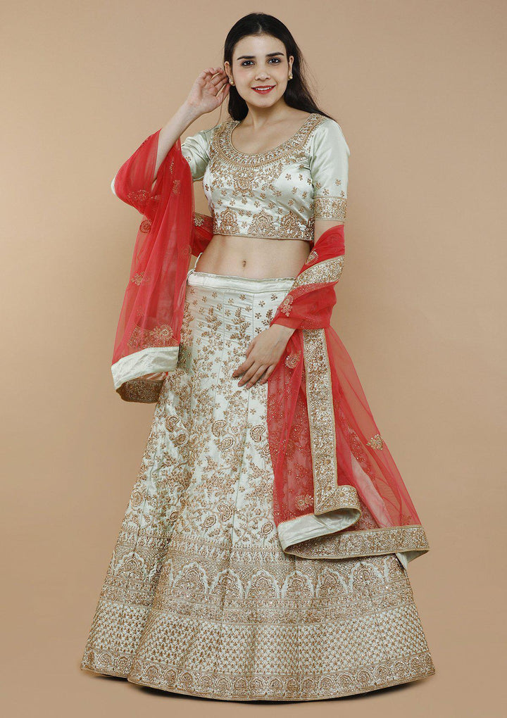 koskii green and gold silk bridal lehenga-Koskii