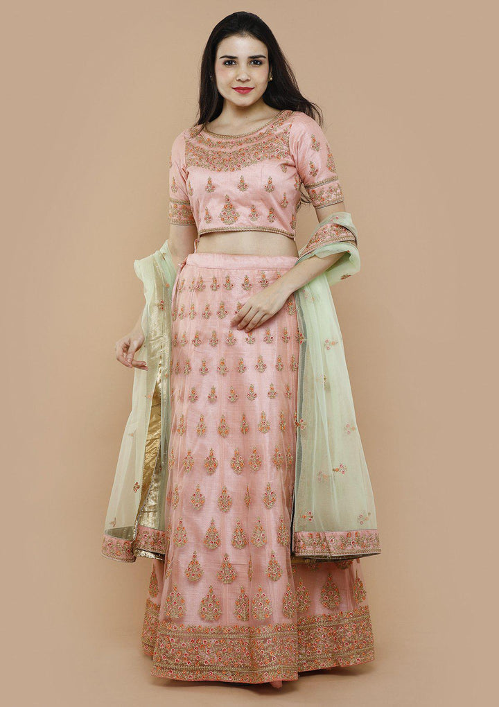koskii pink net floral work lehenga-Koskii
