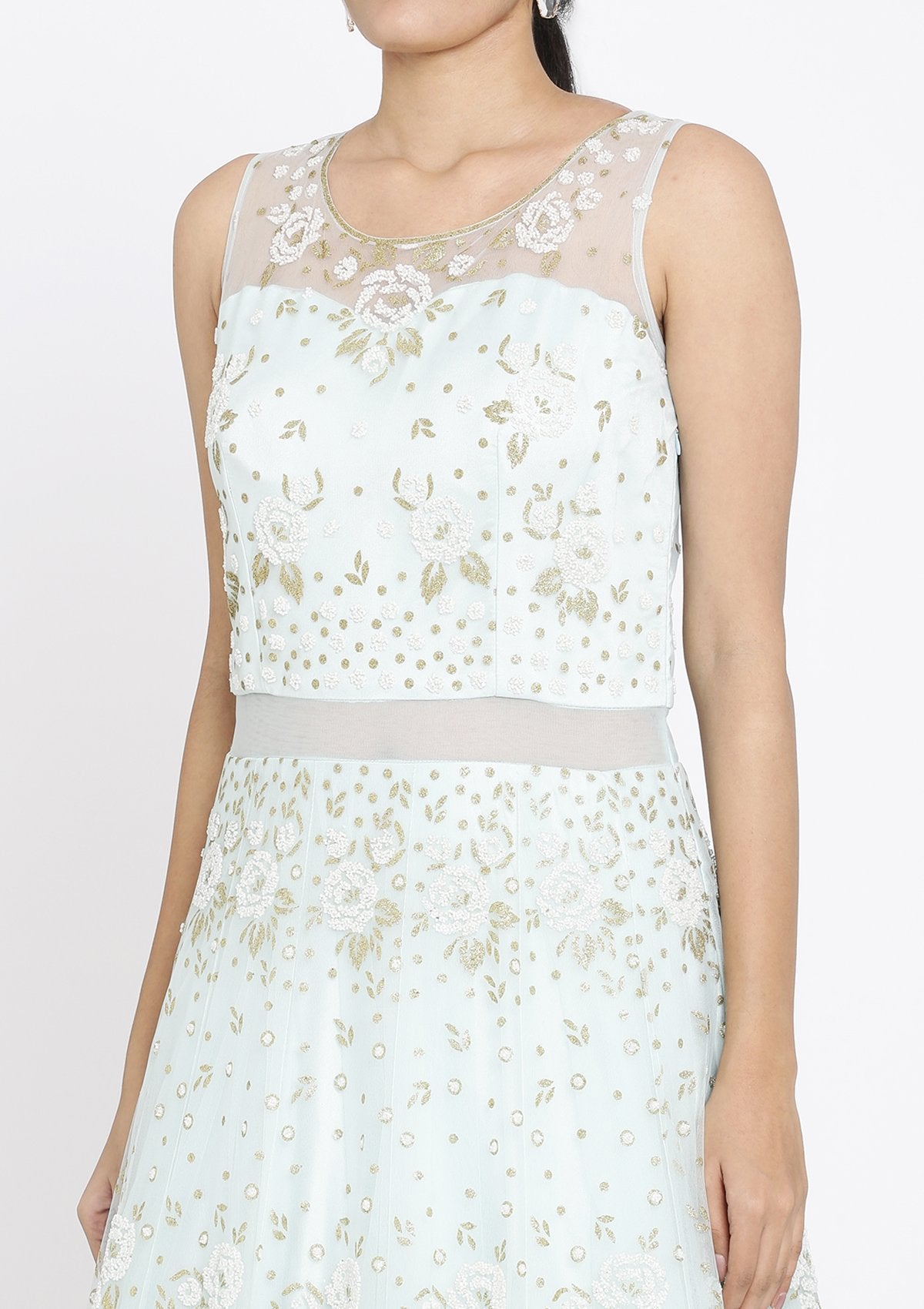 Sky Blue Cutdana Net Designer Gown - koskii