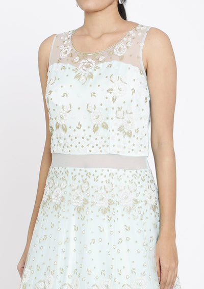 Sky Blue Cutdana Net Designer Gown - koskii