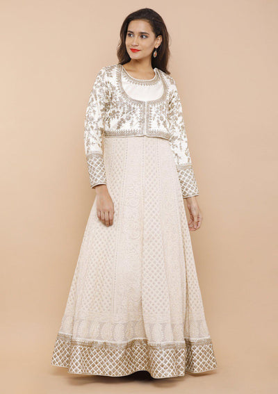 Cream Shrug Chikan Work Designer Gown-Koskii