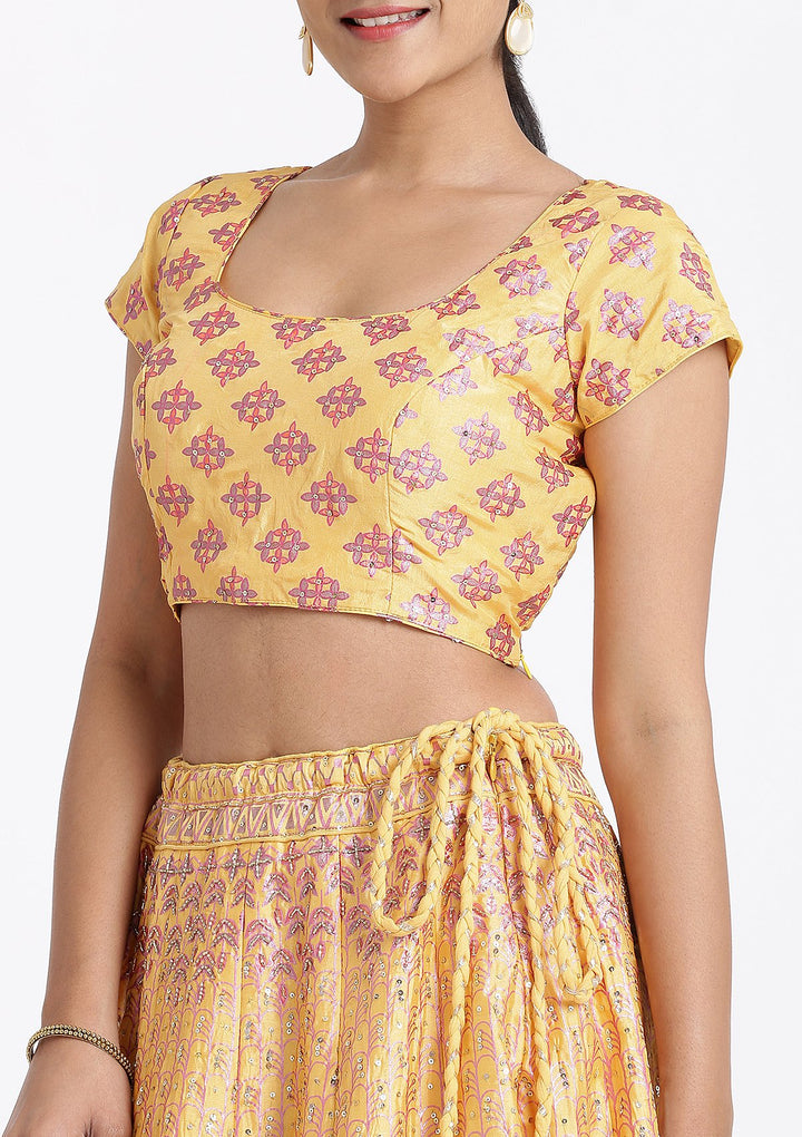 Yellow Sequinned Raw Silk Designer Lehenga-Koskii