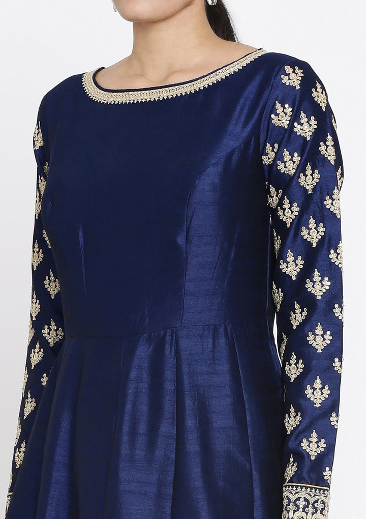 Navy Blue Zariwork Raw Silk Designer Gown - koskii