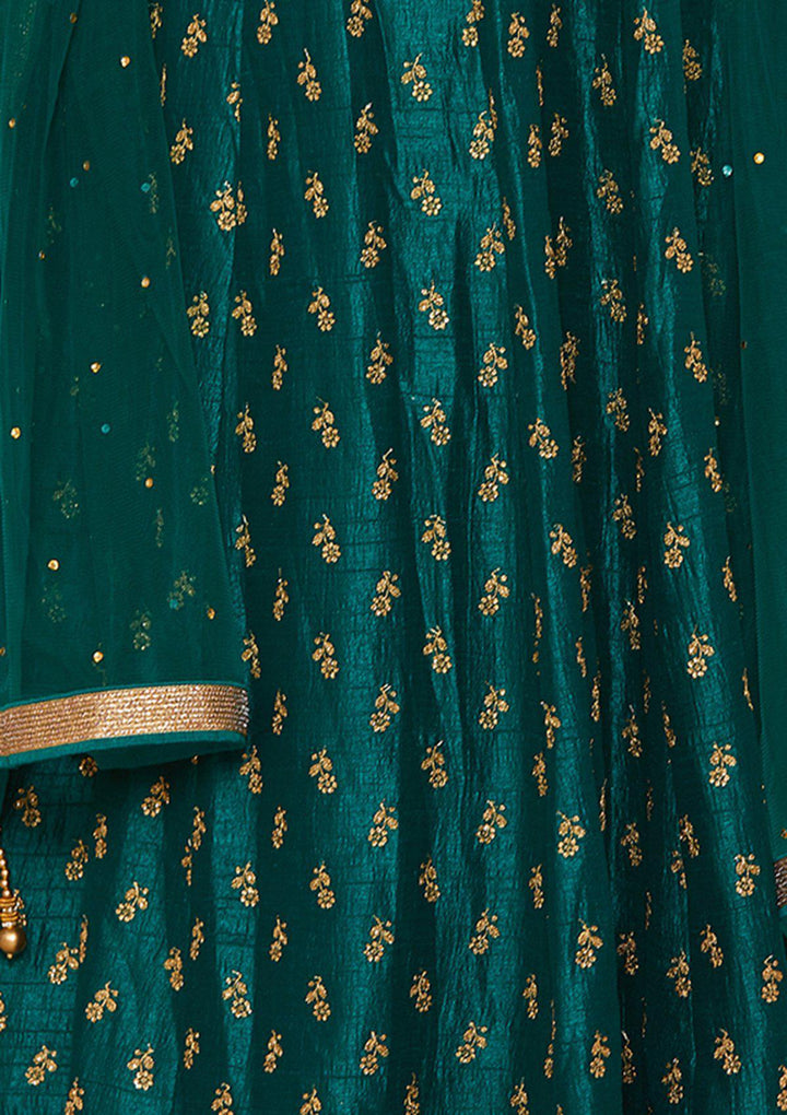 Koskii Zariwork Raw Silk Forest Green Lehenga-Koskii