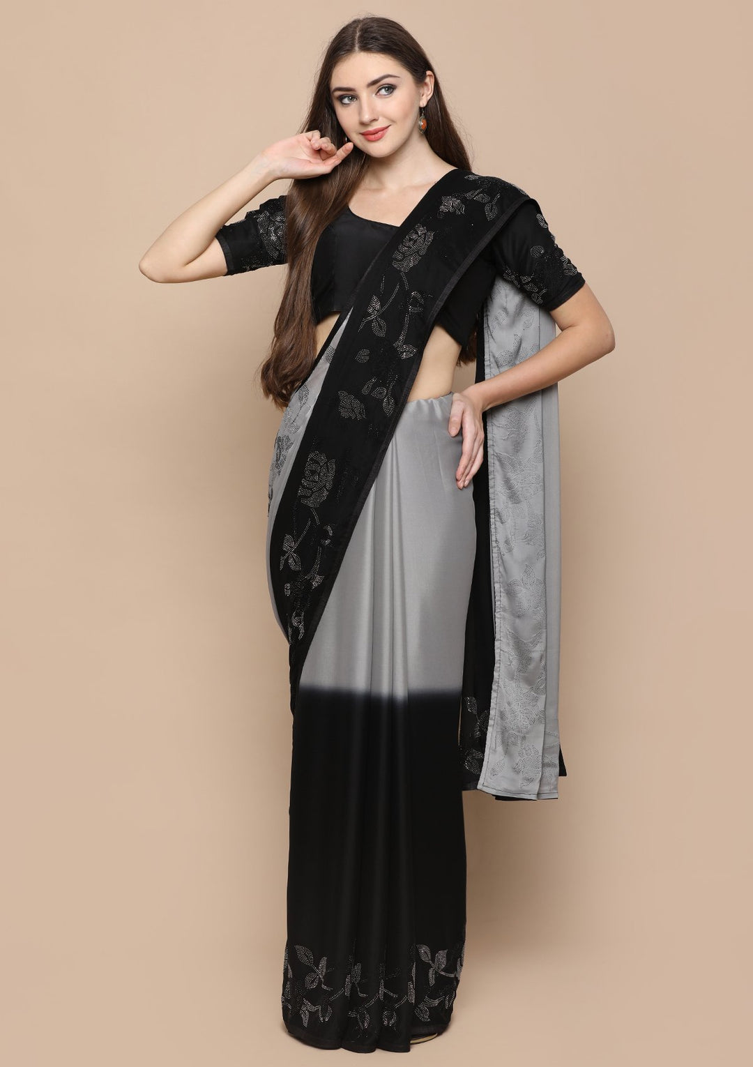 Black and Grey Floral Crepe Designer Saree-Koskii