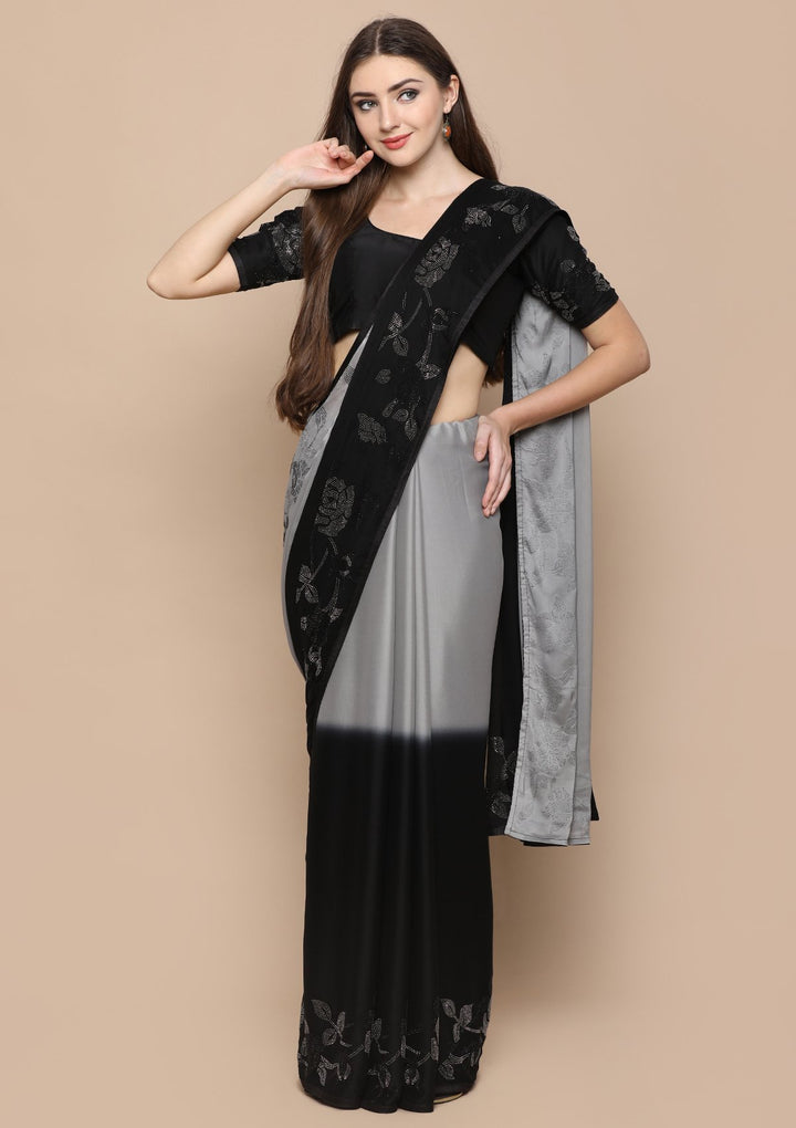 Black and Grey Floral Crepe Designer Saree-Koskii