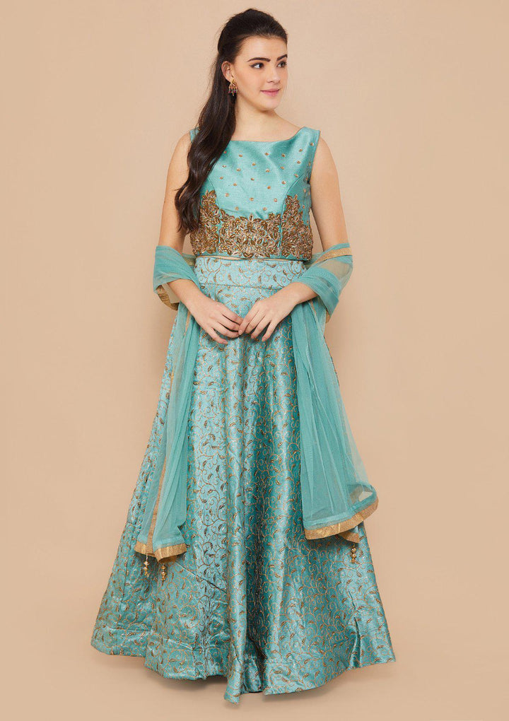 Teal Stonework Raw-Silk Designer Lehenga-Koskii