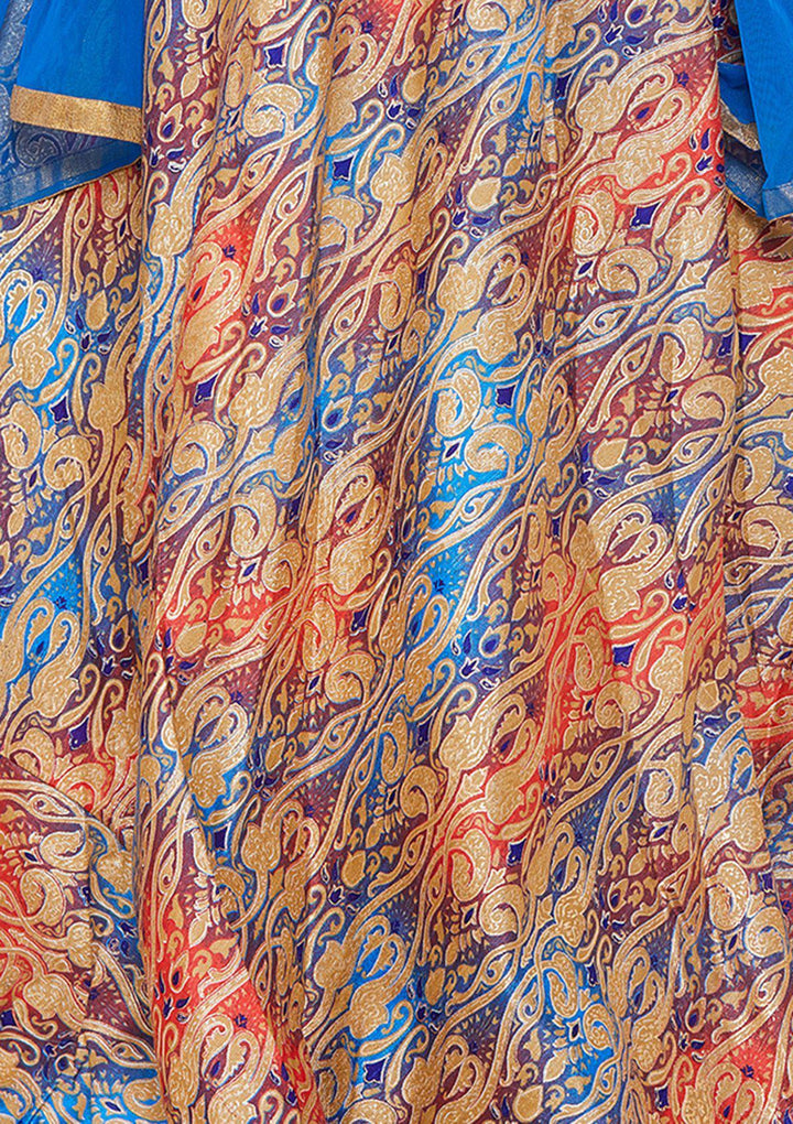 Blue and Cream Brocade Designer Lehenga-Koskii