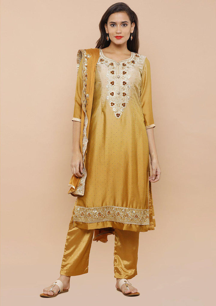 Mustard and Beige Silk Designer Salwar Suit-Koskii