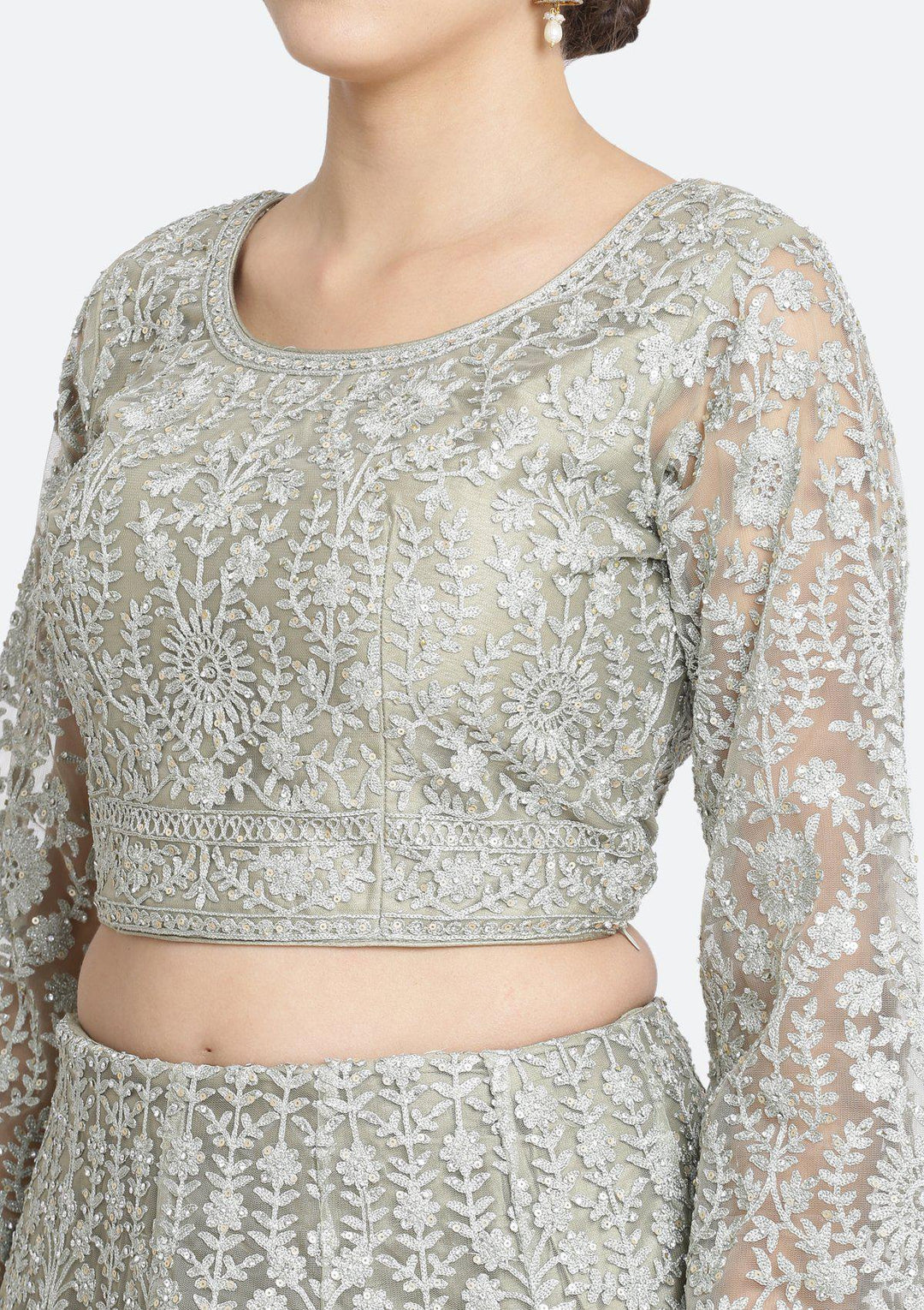 Light Olive Green Zariwork Net Designer Lehenga-Koskii