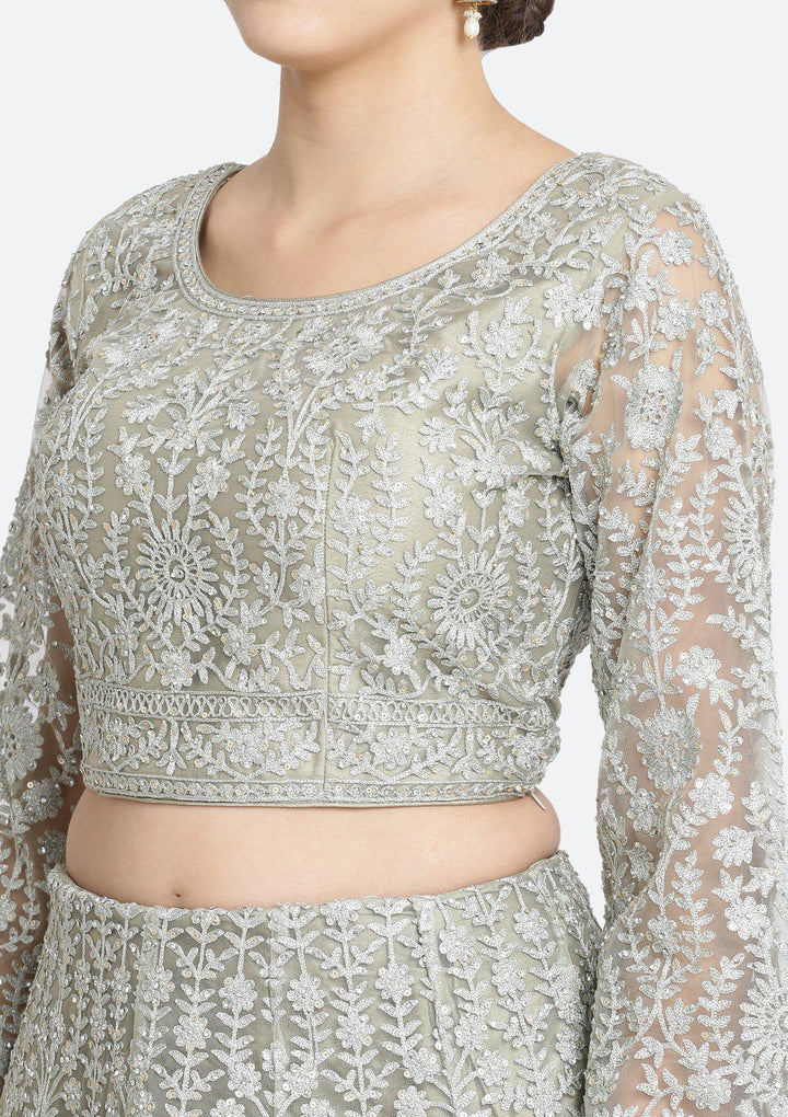 Light Olive Green Zariwork Net Designer Lehenga-Koskii