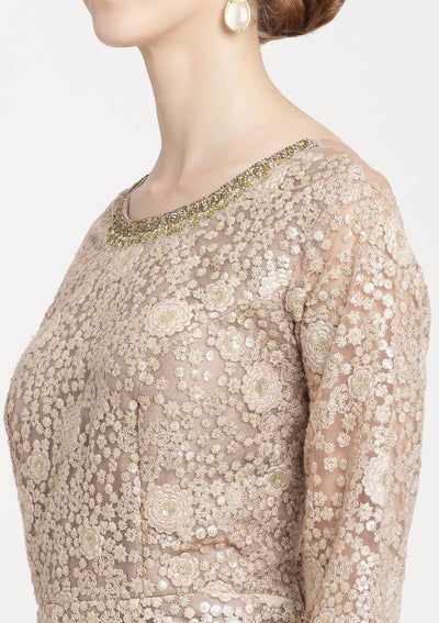 Brown Sequinned Net Designer Gown-Koskii